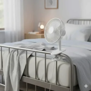 A white silent clip on fan mounted to a metal bed frame for nighttime cooling.