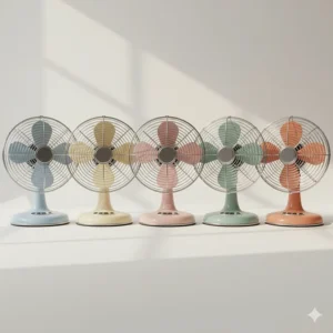 A row of small retro desk fans in various pastel colors including powder blue, soft pink, and pale yellow.