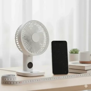 A size comparison of a compact rechargeable desk fan next to a standard smartphone.