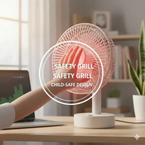 Detailed illustration of the protective mesh grill on a child-safe oscillating desk fan.