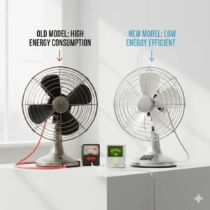 An illustration comparing the low power consumption of a modern eco-friendly retro desk fan to older models.