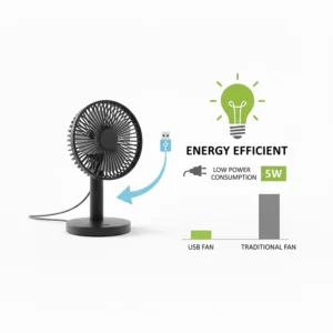 Iconography showing low wattage consumption for a USB powered cooling fan.