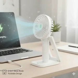 A 2-in-1 rechargeable handheld fan folded at a 90-degree angle to sit on a desk.
