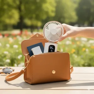 A compact foldable handheld fan fitting easily into a small travel purse.