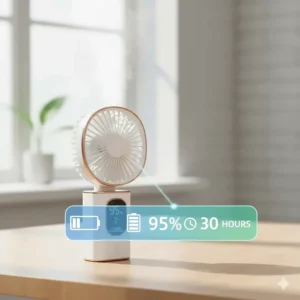 Illustration showing a portable fan with a long-lasting rechargeable battery icon.