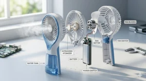 Internal diagram of a handheld misting fan showing the water tank and ultrasonic atomizer.