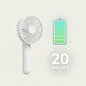 Illustration showing a rechargeable handheld fan with a 20-hour battery life indicator.