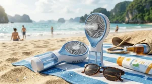 A blue handheld misting fan sitting on a beach towel next to sunglasses and sunscreen.