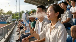 A spectator using a handheld misting fan for heat relief at a crowded outdoor stadium.