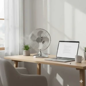 A minimalist home office setup featuring a sleek chrome retro desk fan providing airflow near a laptop.