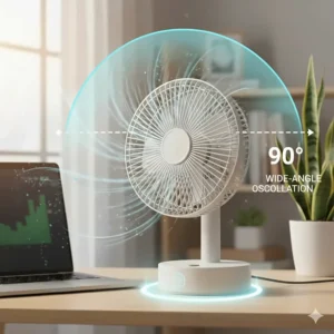 Illustration showing the 90-degree wide-angle oscillation path of a portable desk fan.