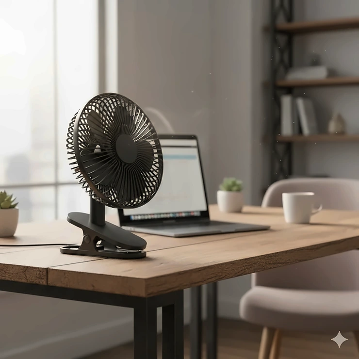A black high-speed clip on fan attached to the edge of a wooden office desk.