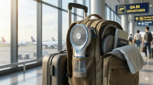 Compact handheld misting fan fitting easily into a summer travel backpack.