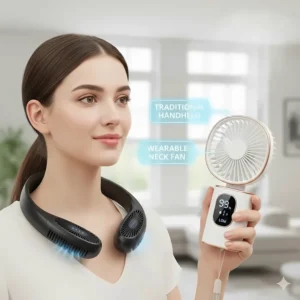 A comparison illustration between a traditional handheld fan and a wearable neck fan.