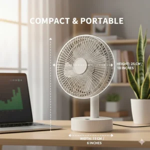 Illustration showing the height and width dimensions of a 6-inch oscillating desk fan.
