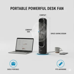 Illustration comparing a compact powerful desk fan to standard office supplies for scale.
