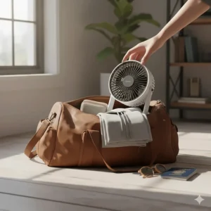 A lightweight rechargeable desk fan being packed into a travel bag for outdoor use.