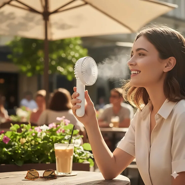 A person holding a sleek white rechargeable handheld fan to stay cool outdoors during summer.