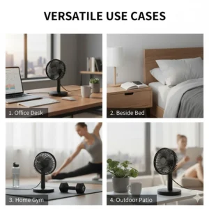 Illustration showing a USB desk fan being used in an office, a bedroom, and a camping tent.