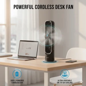 Illustration of a powerful desk fan being powered by a USB-C cable for portable use.