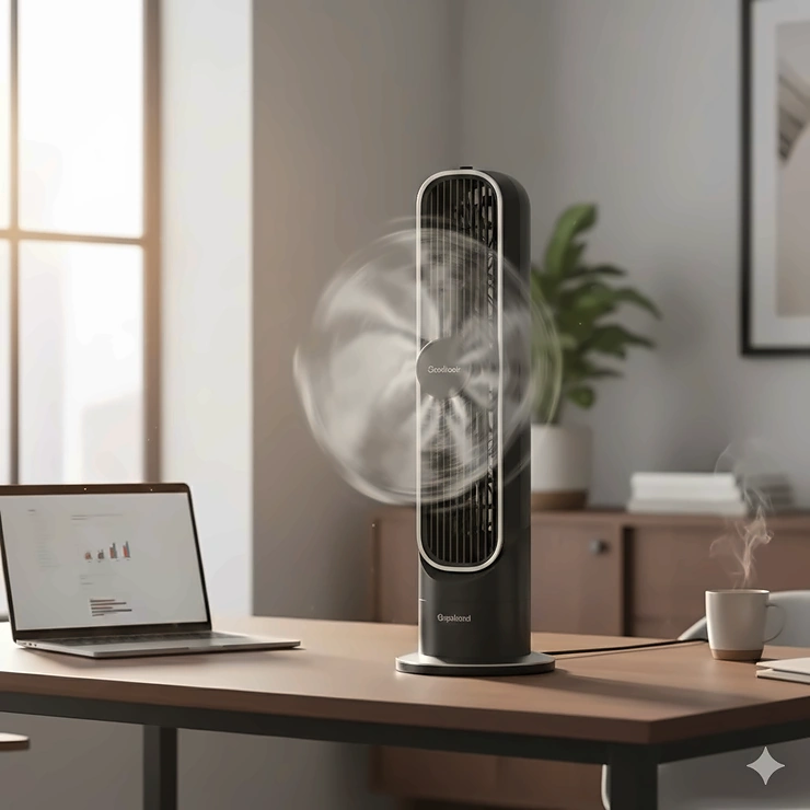 A high-velocity powerful desk fan on a modern wooden office desk with a laptop.