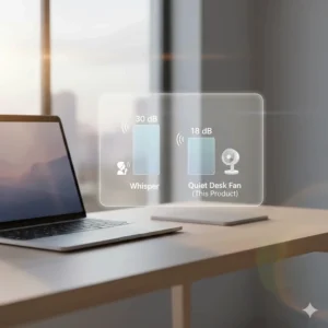 A comparison chart showing the low decibel levels of a quiet desk fan for office environments compared to a whisper.
