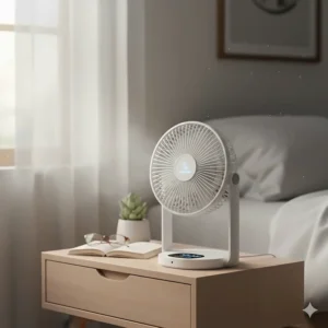 A silent rechargeable desk fan running on a nightstand in a dimly lit bedroom.