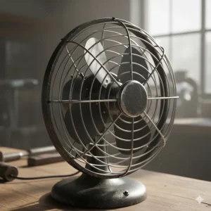 Close-up shot of the reinforced wire safety cage on a heavy-duty industrial style retro desk fan.