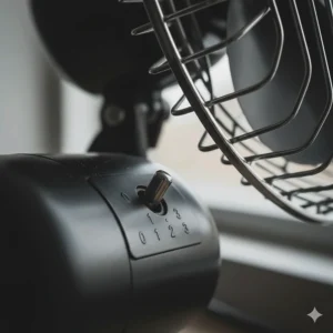 Macro view of a mechanical three-speed toggle switch on the base of a matte black retro desk fan.