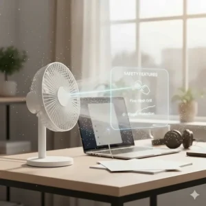 Close-up of a fine-mesh safety grill on a quiet desk fan for office safety and finger protection.