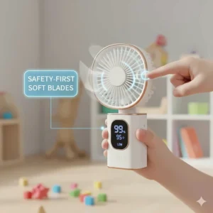 A safety-first handheld fan with soft blades designed for kids and toddlers.
