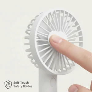 Close-up illustration of the soft-touch safety blades on a portable rechargeable handheld fan.
