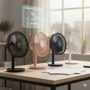 A row of quiet desk fans for office decor in various colors like matte black, rose gold, and navy blue.