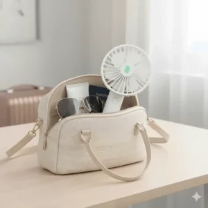 Illustration of a compact rechargeable handheld fan fitting easily into a small travel handbag.