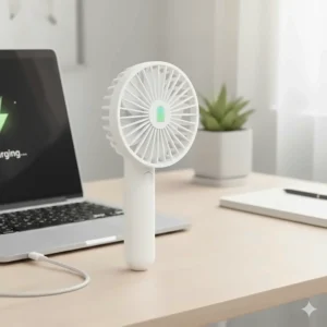 Graphic of a handheld fan connecting to a laptop via USB-C cable for easy recharging.