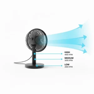 Graphic showing three levels of wind speed and airflow distance for a small personal fan.