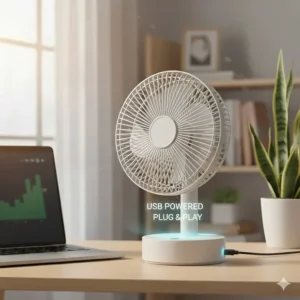 Illustration of a compact oscillating desk fan connected to a laptop via USB cable.