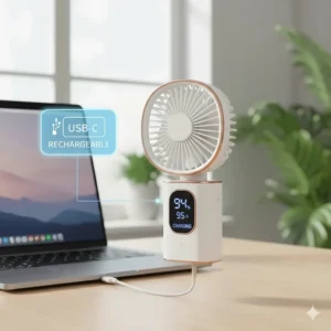 An illustration of a handheld fan charging via a USB-C cable connected to a laptop.