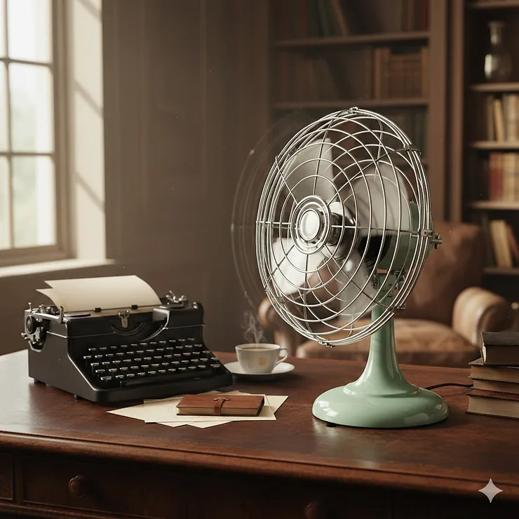 A polished mint green vintage metal retro desk fan sitting on a dark wood executive desk next to a typewriter.