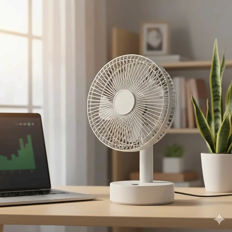 A modern white oscillating desk fan placed on a wooden office desk next to a laptop and a houseplant.