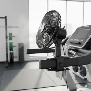 A heavy-duty clip on fan secured to a treadmill handle in a home gym.