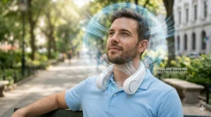 A photorealistic illustration of a man wearing a neck fan with blue light overlays demonstrating 360-degree cooling airflow and multiple air vents.