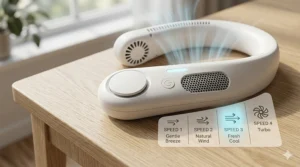 Icon set showing the three adjustable wind speeds available on high-performance neck fans.