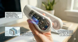 Graphic showing the three-speed power button interface on a lightweight neck fan for customized cooling.
