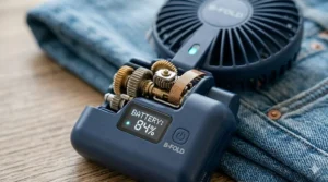 A high-angle shot of a minimalist and aesthetic foldable handheld fan next to a smartphone and sunglasses.