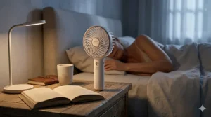 An illustration of a small handheld fan on a nightstand providing relief for menopause night sweats.