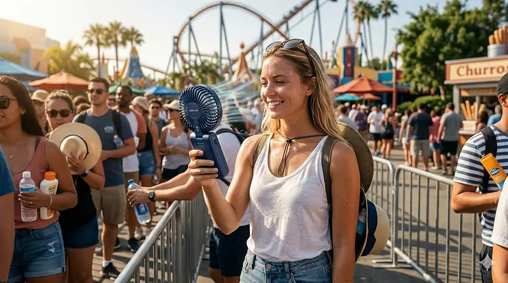 A person using a sleek foldable handheld fan for instant cooling relief at a sunny outdoor theme park.