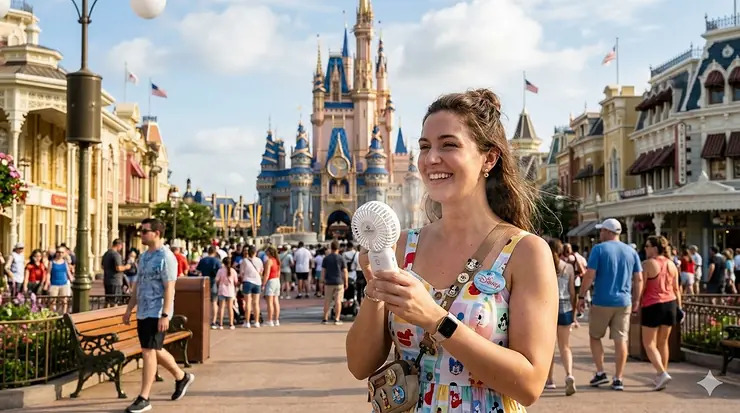 A person holding a portable white handheld fan to stay cool while standing in front of the Magic Kingdom castle at Disney World.