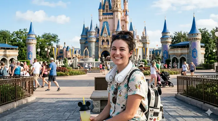 A woman wearing a white bladeless neck fan while smiling in front of a theme park castle on a sunny day. neck fan for Disney World