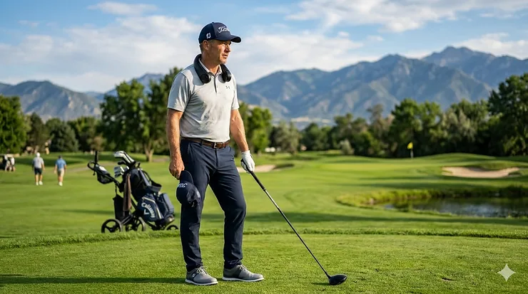 A professional golfer wearing a white bladeless neck fan while walking on a sunny golf course green. neck fan for golf